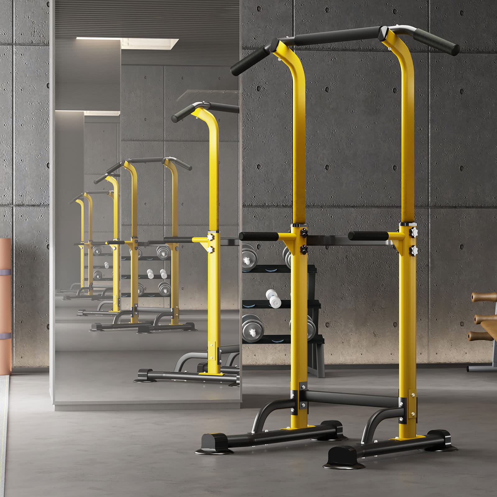 DlandHome Power Tower Estación de Fondos Barra de Tracción o Estación de Musculación Ajustable, Silla Romana para Dips con Barra para dominadas Amarillo/Negro