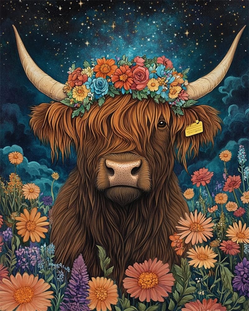 Henypt 11Ct DIY Stamped Cross Stitch Kit Embroidery Kit Highland Cattle Wearing A Floral-Wreath Hat Counted Cross Stitch Kits Oil Painting Counted Cross Stitch Kits for Adults Beginners, Stamped Pr