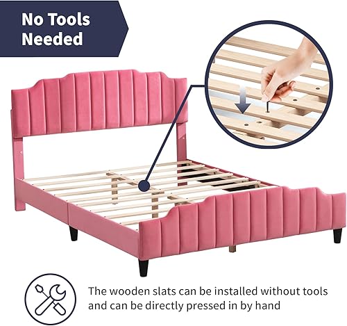 Miniatura 6 de Zafly - Marco de cama de tamaño matrimonial para niños con cabecera y estribo, marco de cama para dormitorio infantil, plataforma de cama tapizada