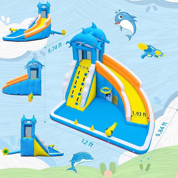 Inflatable Water Slide,5 in 1 Dolphin Inflatable Bounce House for Kids- Climbing Wall Splash Pool Water Cannon Basketball Rim - 480W Blower - for Indoor Outdoor Backyard Birthday Party