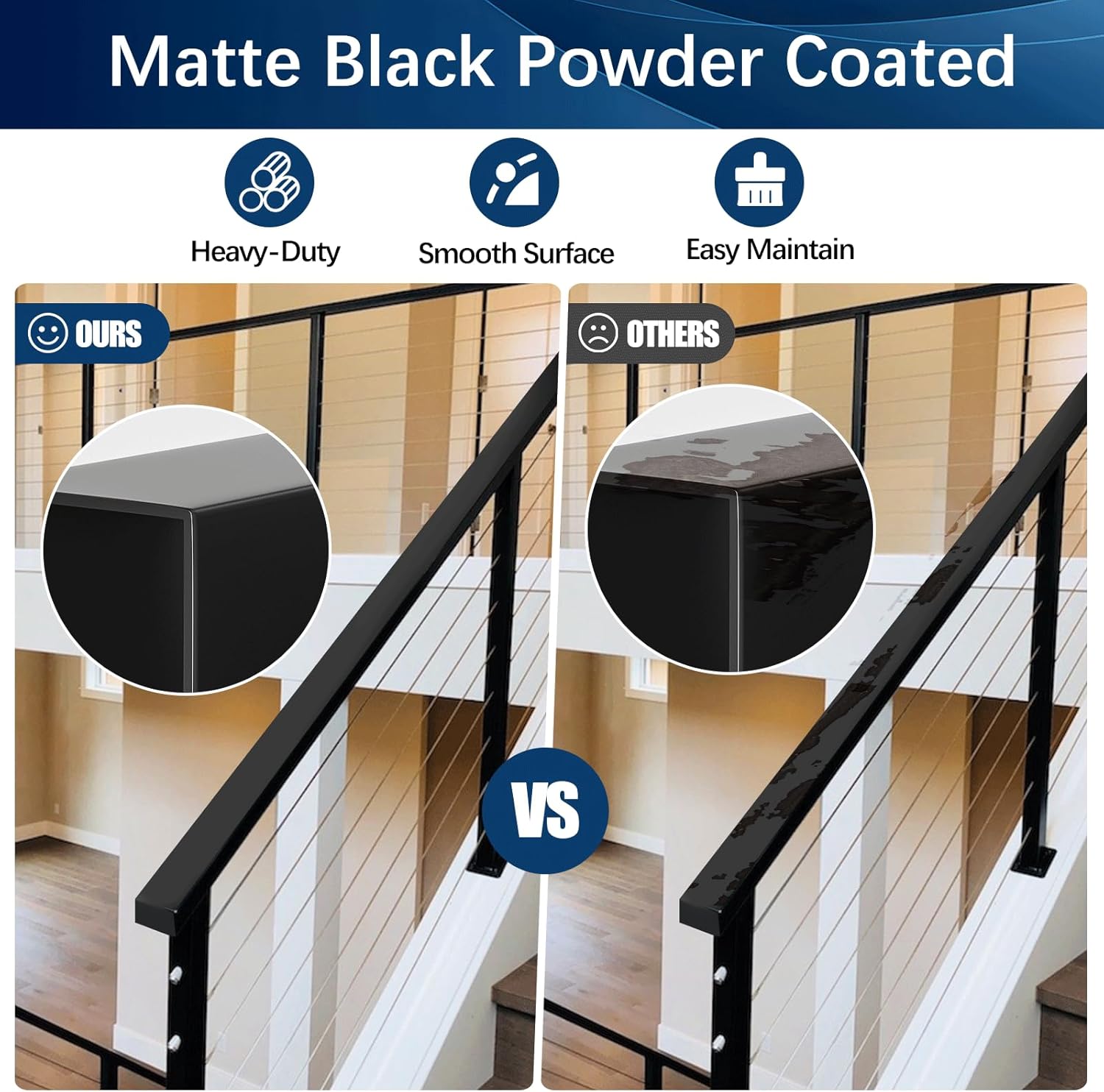 6'6" Stainless Steel T304 Handrail Black, 5 Pack Cuttable Rectangular Handrail Flat Top Rail for Indoor Outdoor Deck Stair Cable Railing System, Black Hand Rail with End Cap for DIY Balustrade