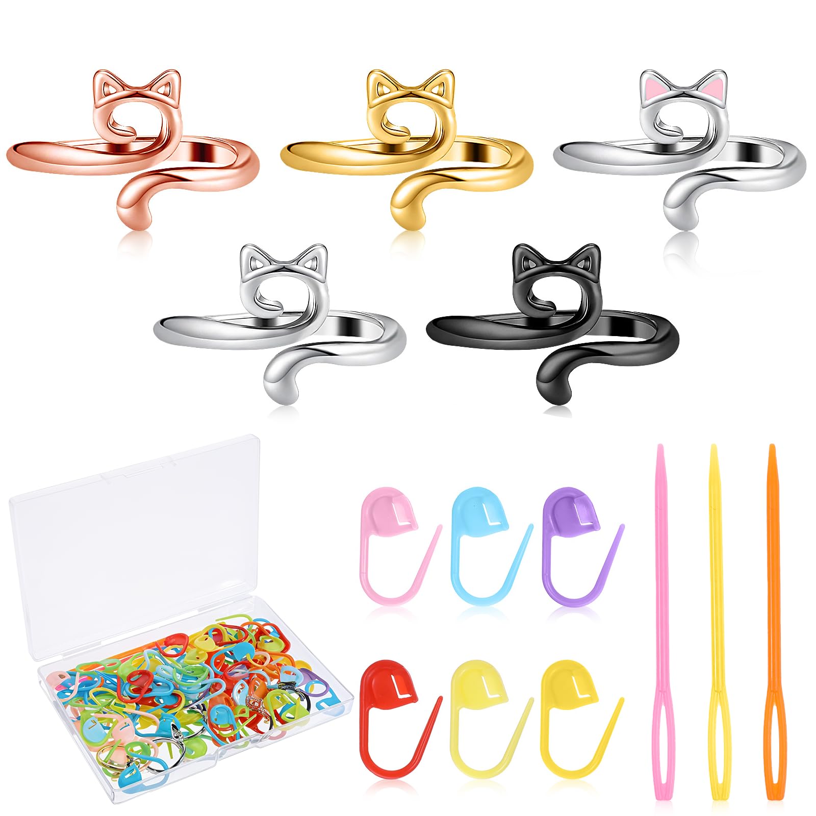 QfwdfcTrenz 5 Pcs Adjustable Cat Crochet Ring for Finger, 100 Pcs Stitch Markers, 3 Plastic Needles, Knitting & Crochet Supplies, Modern, Non-Foldable, Adult, Cartoon Cat Theme