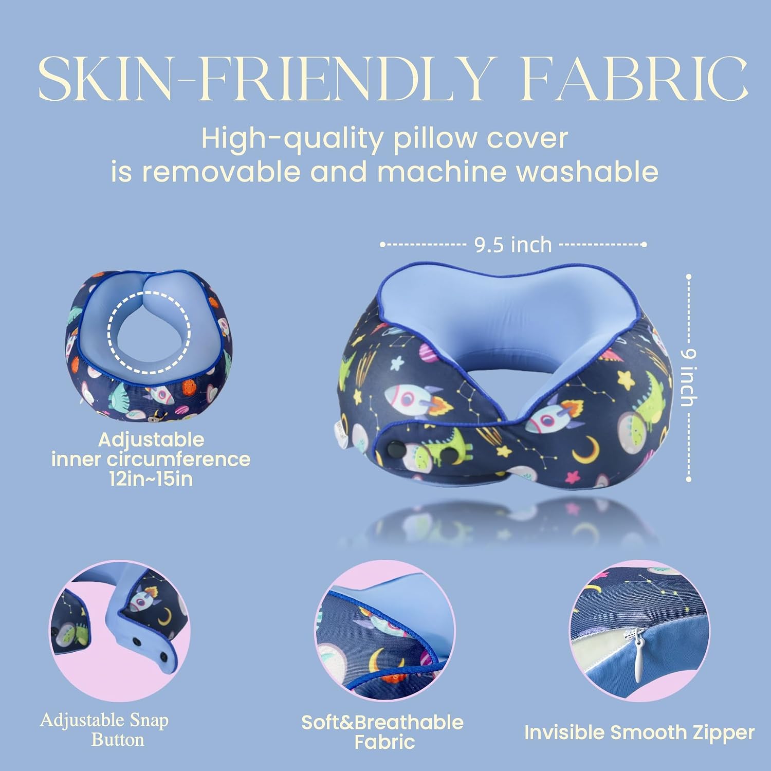 SKYTRAX® Certified Kids Safe Memory Foam Travel Neck Pillows for Kids and Toddlers, Cute Cartoon Design, Car Seat & Airplane Head Neck Support, Adjustable Snap Buttons, Washable Soft Cover (Dinosaur) image 4