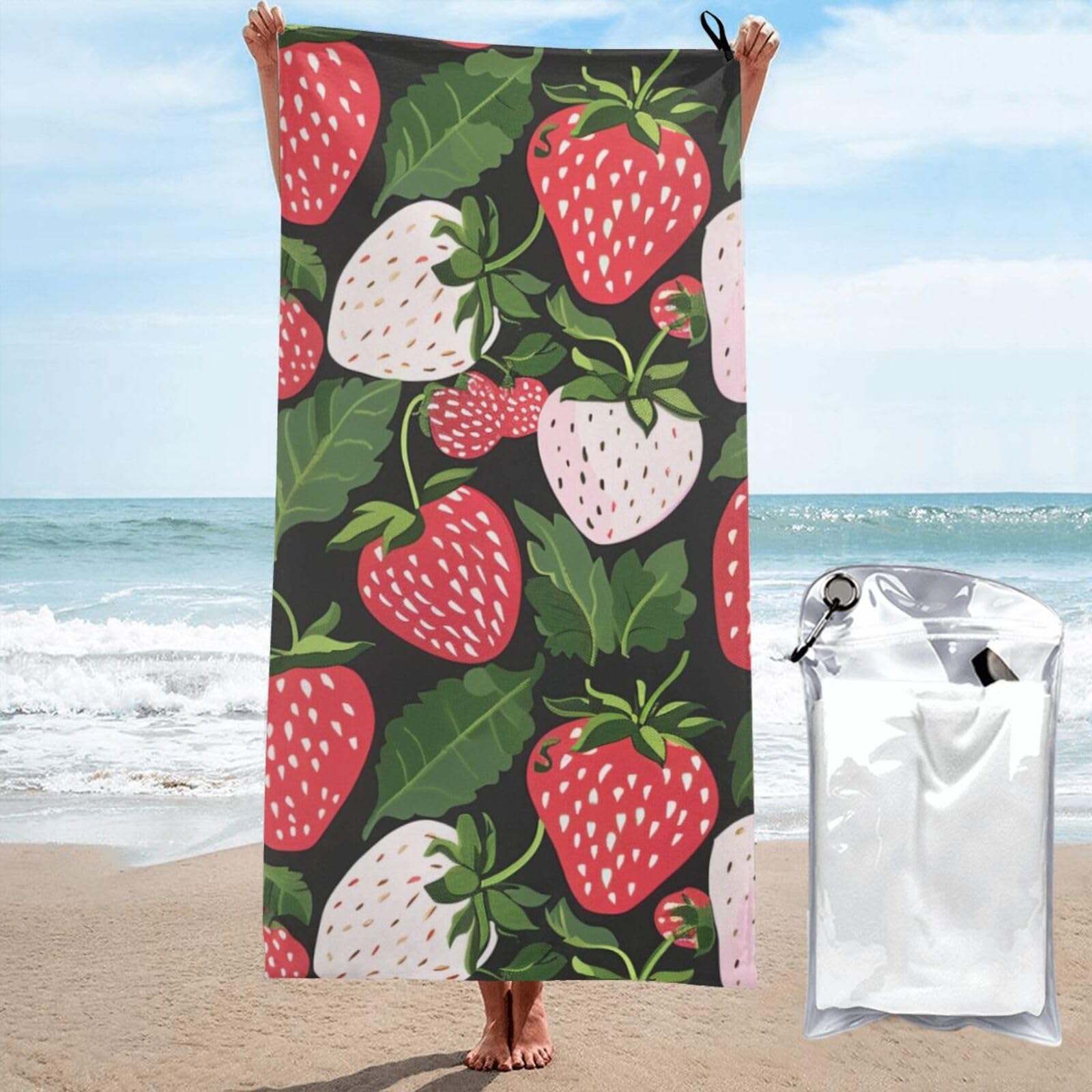 kkvhhyuo Microfiber Beach Towel, Strawberry Print Printed Lightweight Quick Dry Travel Bath Sheet with Compact Carry Bag for Swimming Yoga Camping Gym,27.5"x55"