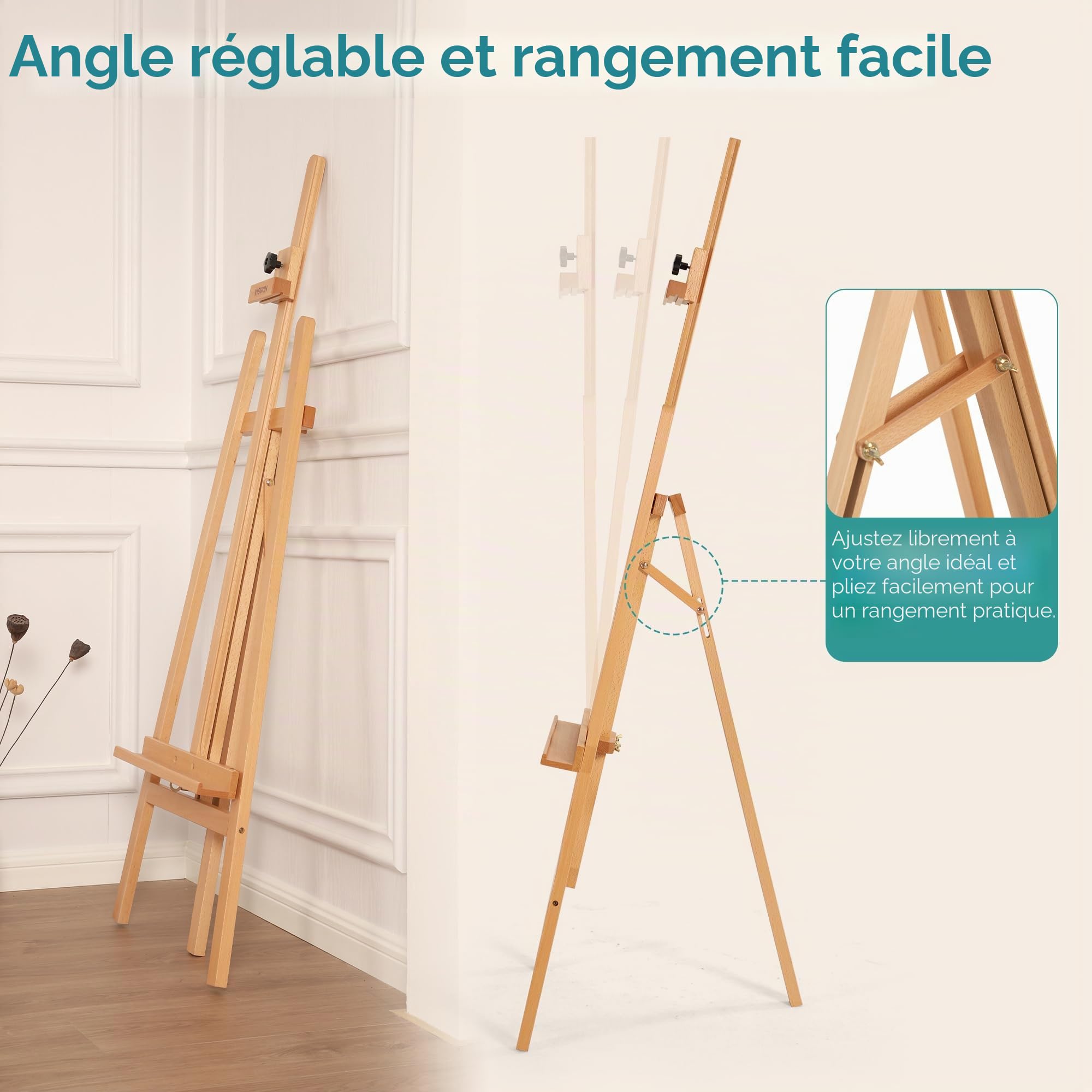 VISWIN Chevalet d'affichage à hauteur réglable de 57" à 76", peut contenir une toile jusqu'à 43", peut contenir 22 lb, support de chevalet en bois facile à assembler pour adultes, débutants