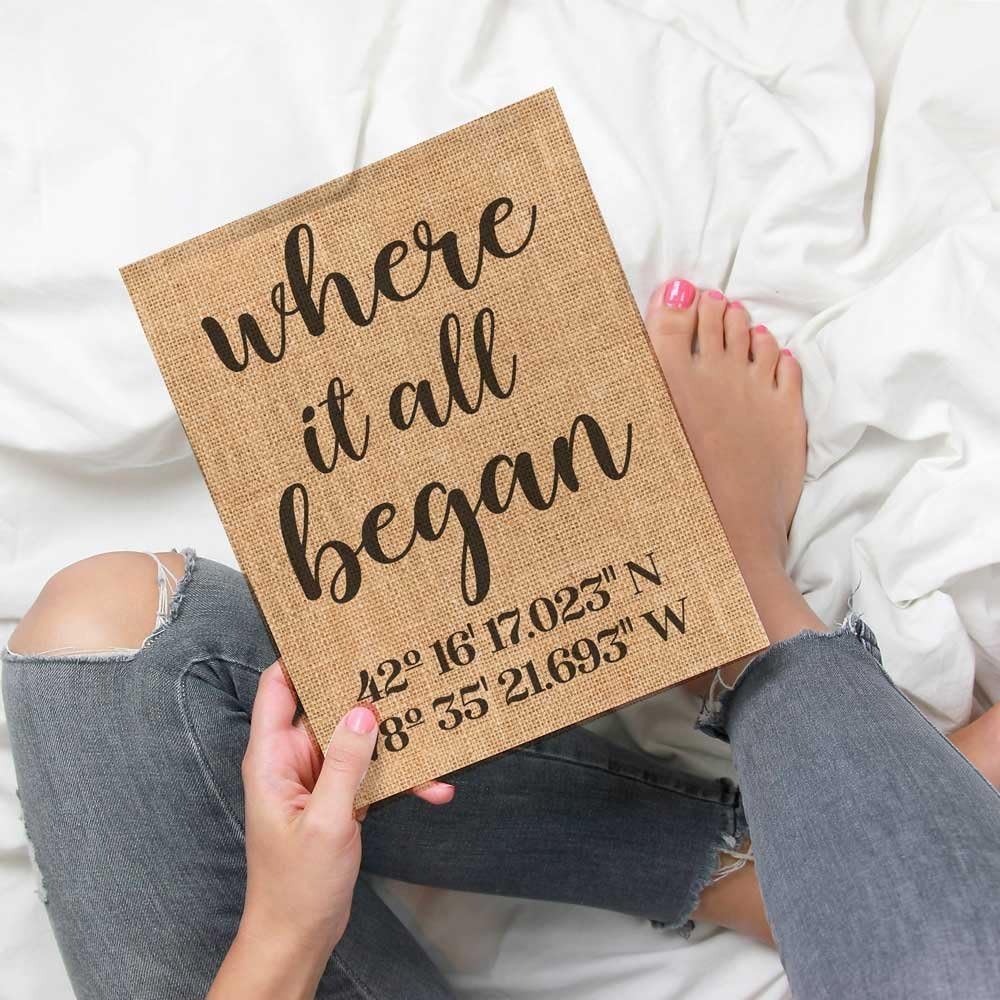 Where It All Began | Latitude Longitude GPS Coordinates | 100 percent Burlap or Canvas Anniversary Gift | Where We Met | Wedding Location