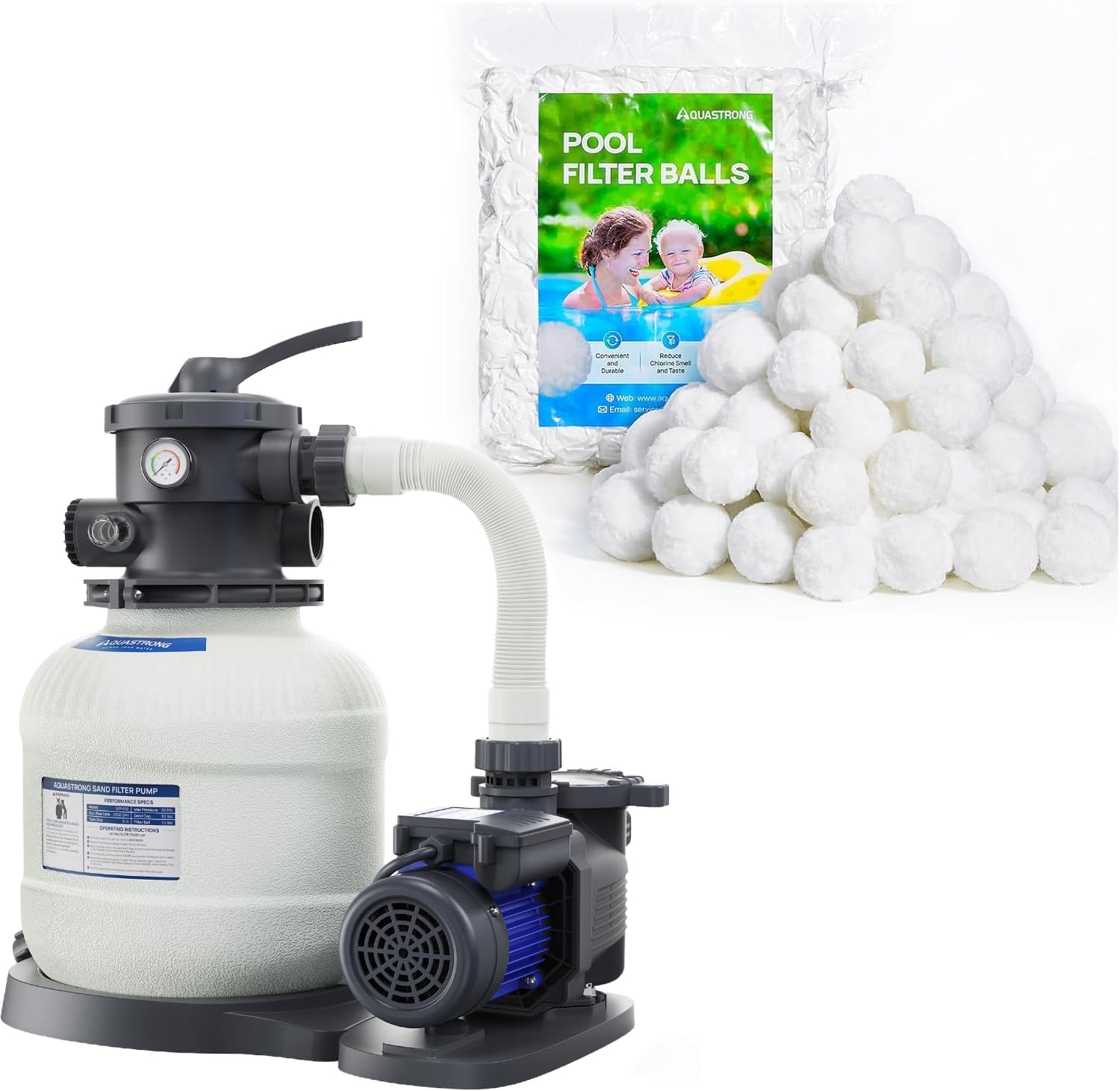 AQUASTRONG Pool Filter Balls with Sand Filter Pump for Above Ground Pools, 1.5 lbs Reusable Filter Balls Replace 50 lbs Sand, 12in 1/2HP 2500 GPH Pool Sand Filter System