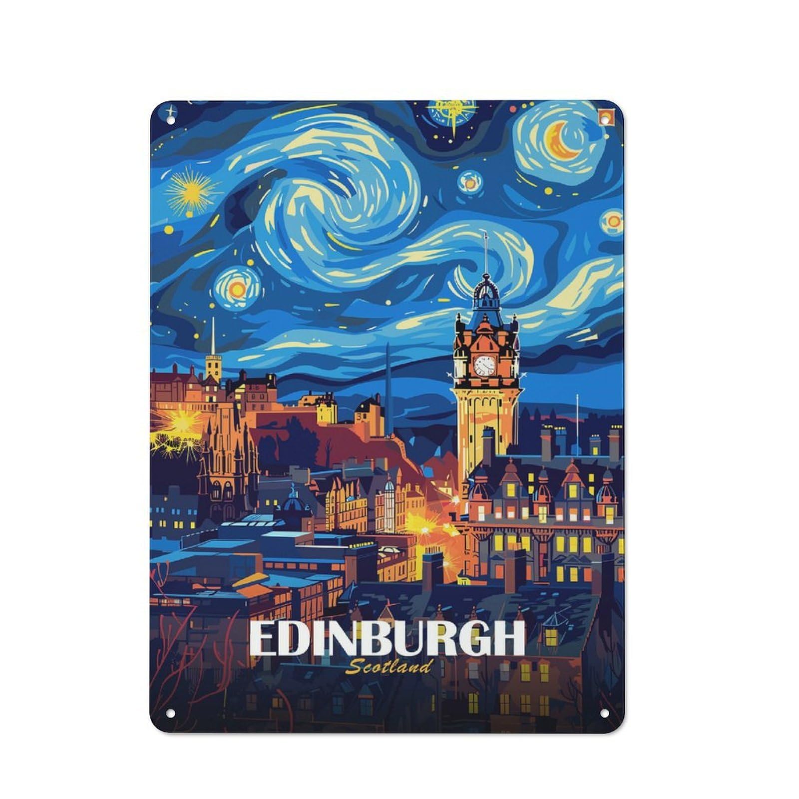 Junmoney Style-4 Edinburgh Scotland Night Sky Art Decorative Metal Wall Decor 40X30cm, Decorative Tin Plaque For Bedroom, Kitchen, Office Or Living Room