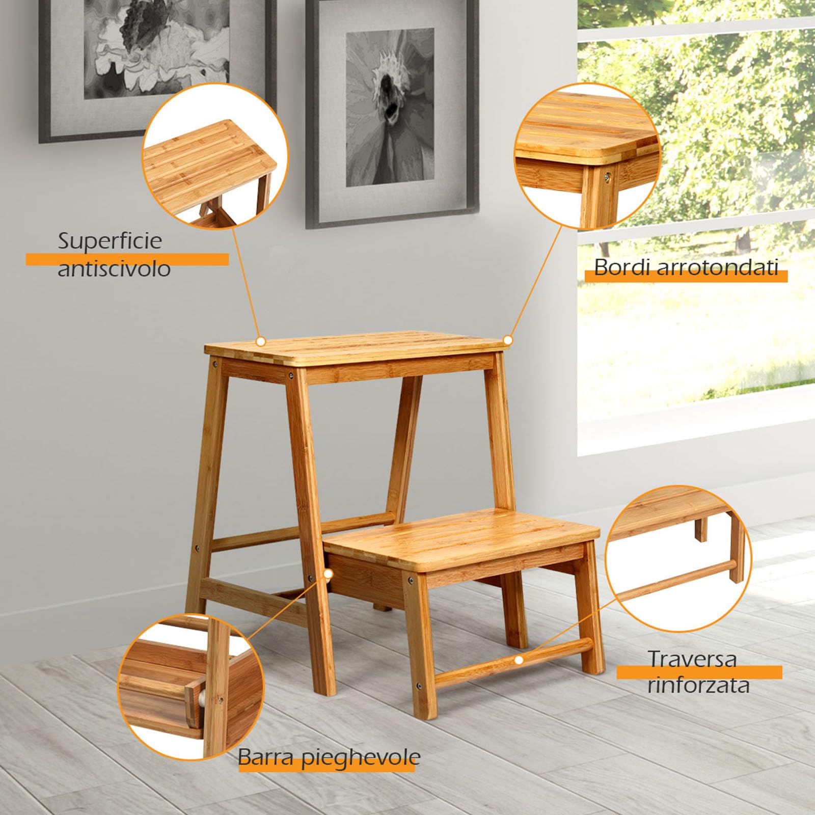 COSTWAY Sgabello Scala in Bambù Sedia Scaletta, Richiudibile Salvaspazio, Portata 100 kg, 45 x 51 x 48 cm (Naturale)