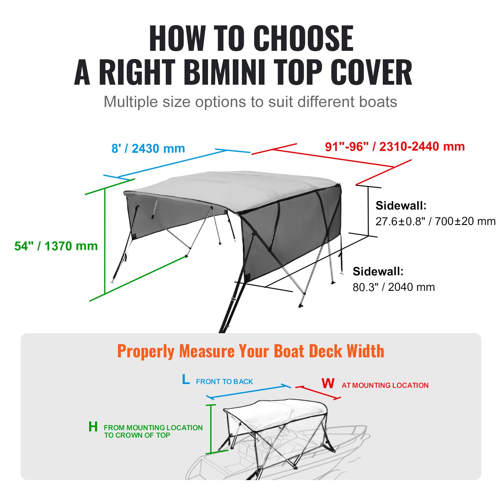 VEVOR Bimini - Lona para Barco de 4 Arcos, Ancho de instalación: 231 a 244 cm, poliéster 600D, con Paredes Laterales de Malla extraíbles, Impermeable y protección Solar, con Caja de