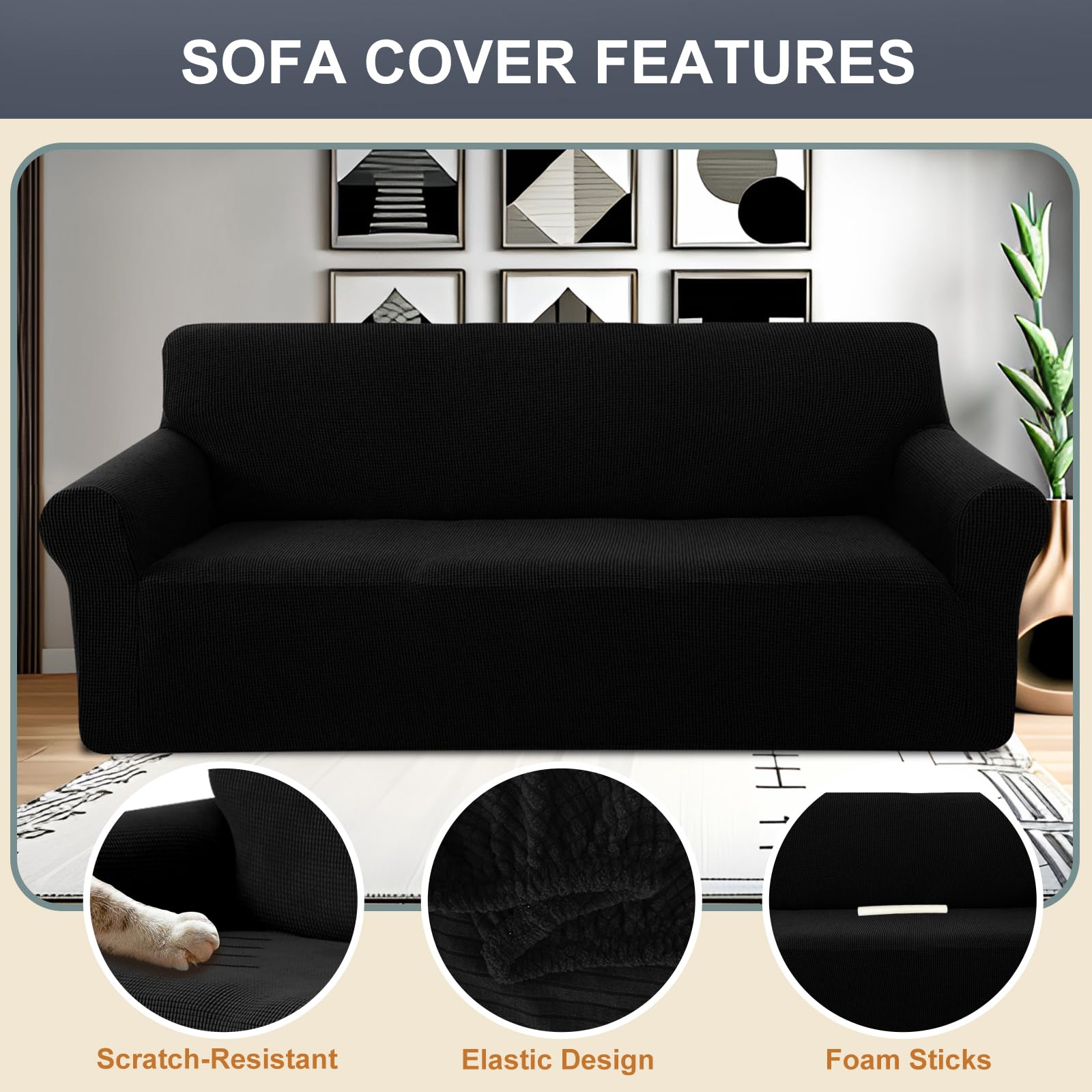 Stretch Sofaüberzug waschbar Rutschfester Möbelschutz mit elastischem Bund & Schaumstoff Kratzfester Sofabezug für Kinder,Hunde und Haustiere(XL Large/Black)