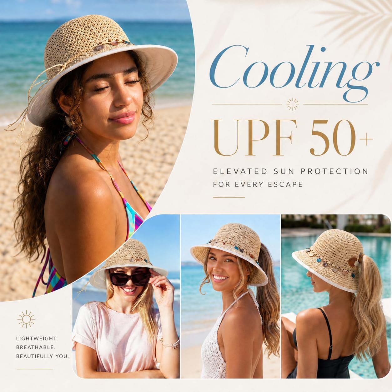 TOP-EX Uvcoolix™ Chicpony Cooling UPF80+ Chin Straps Floppy Wide Brim Beach Straw Sun Hat