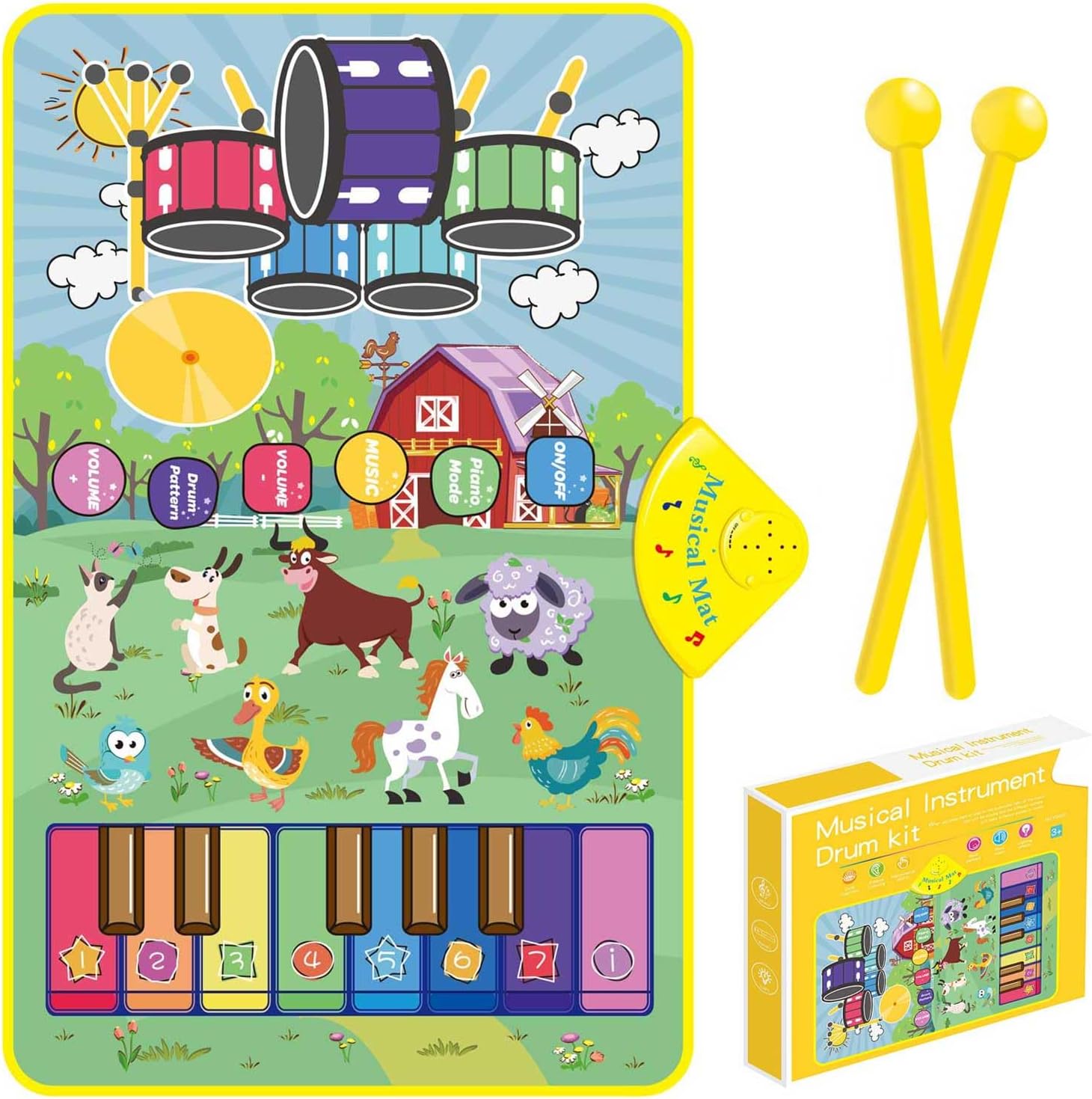 Musical Farm Animals Sounds Piano Mat for Kids, Sensory Educational Learning Toy with Drumset for Toddlers, Interactive Floor Touch Play Mat Dancing Keyboard Carpet for 1-5 Year Old Boy Girl Gifts