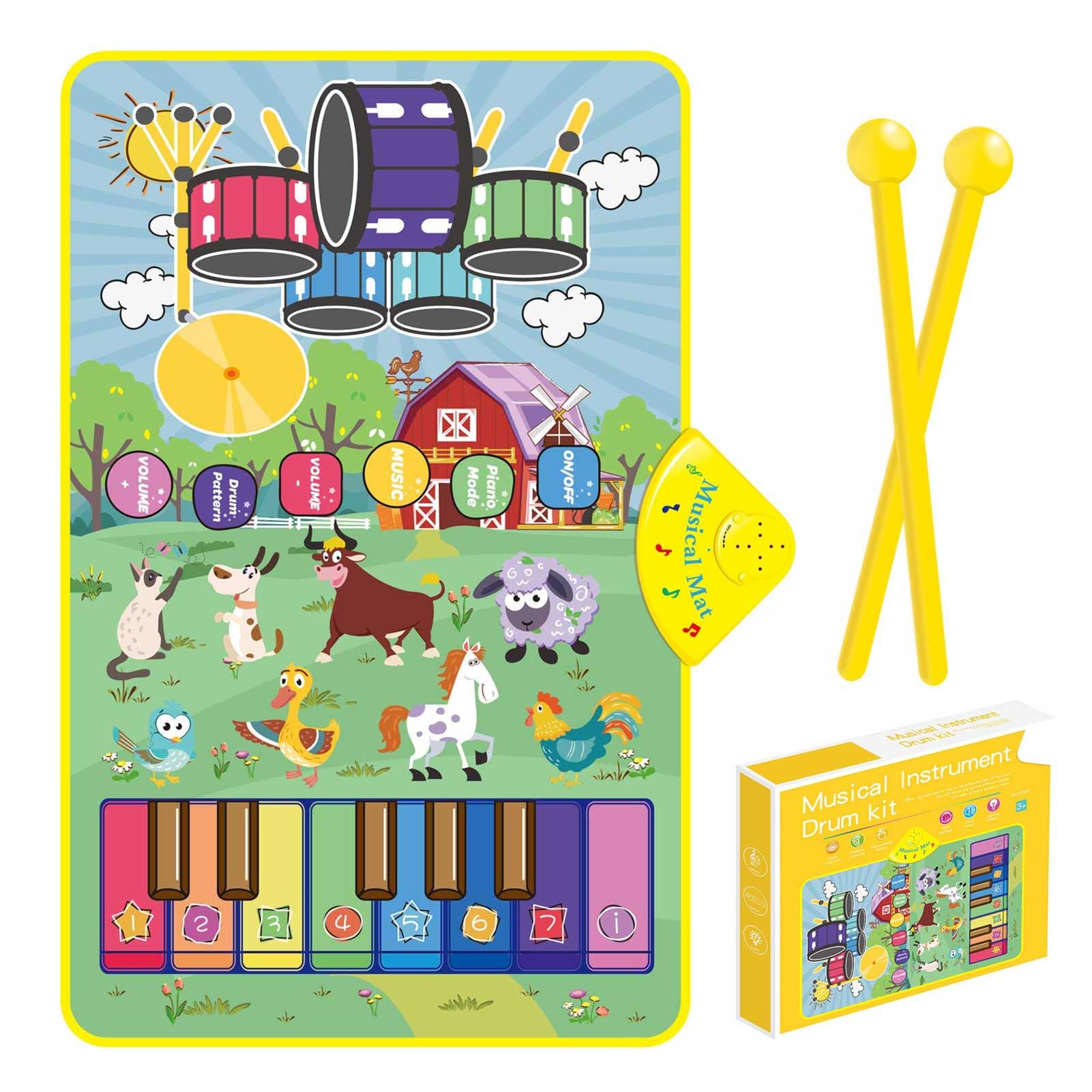 Alfombrilla de piano con sonidos musicales de animales de granja para niños, juguete educativo sensorial de aprendizaje con batería para niños pequeños, tapete interactivo para tocar el suelo 2
