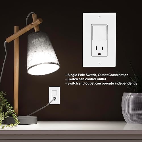 Miniatura 9 de Maxxima Combinación de interruptor de luz de palanca y tomacorriente  Receptáculo de estilo combinado de decoración blanca de un solo polo, placas