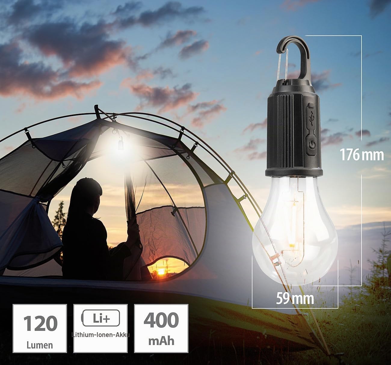 Lunartec Campinglampe: 16er-Set LED-Akku-Glühbirnen mit je 120 Lumen, 400 mAh, USB-Ladung (wiederaufladbare Kabellose Lampen, Campinglampe Akku, Angeln)
