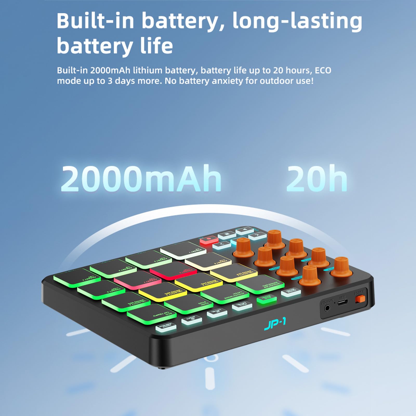 Controlador MIDI, 16 Pads RGB 8 Perillas 6 Botones Personalizables Batería Inalámbrica Recargable de 2000mAh, con Conexión USB MIDI para Profesionales Principiantes en (Negra)