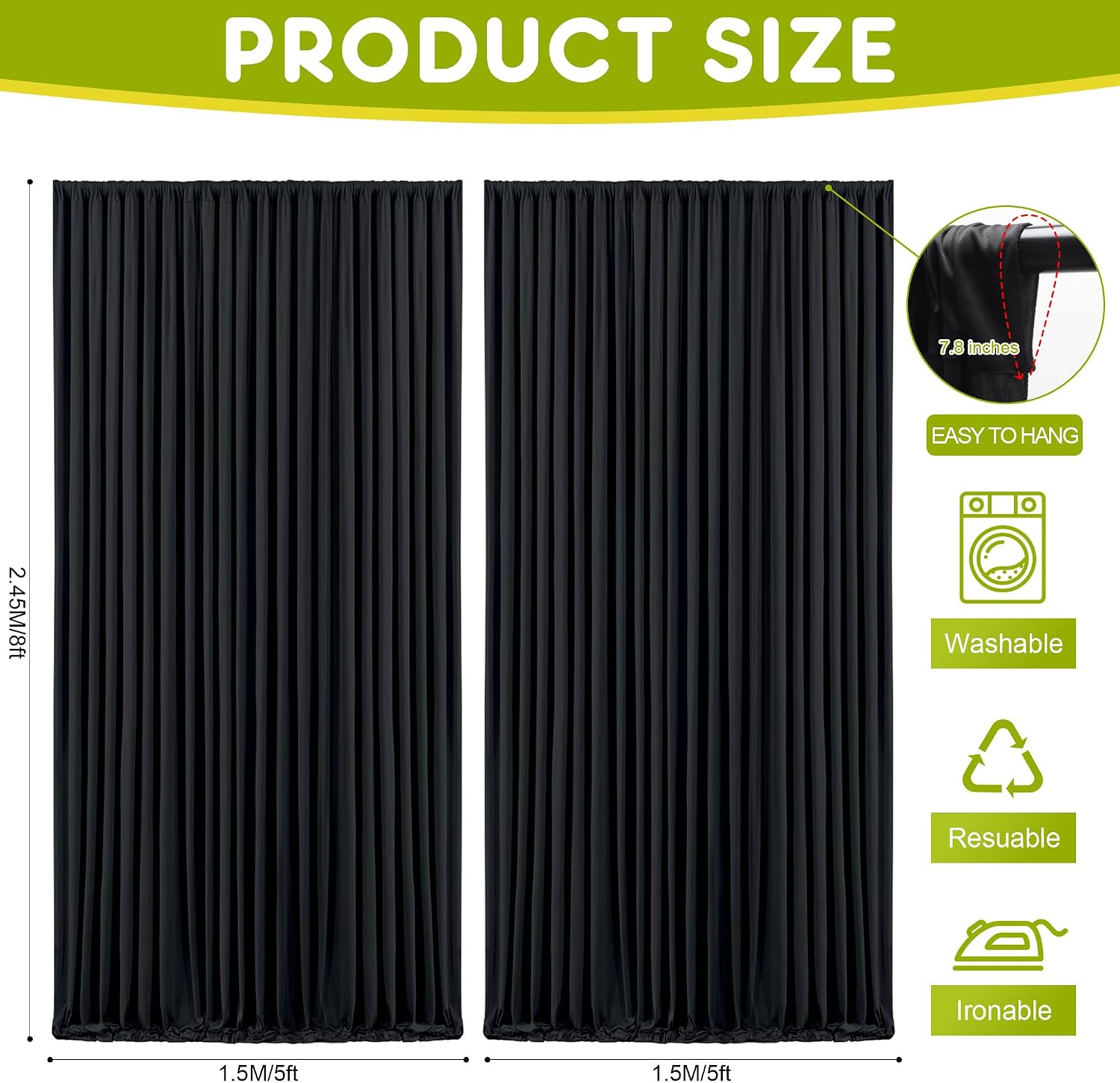 Wokceer Black Backdrop Curtain for Parties 10x8FT Photo Backdrop Drapes for Wedding Polyester Backdrop for Photoshoot Baby Shower Birthday Party Curtains Photography Background 2 Panels 5x8FT