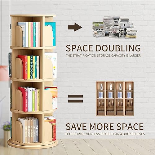 Miniatura 6 de SYALEO Estantería giratoria de 360 de madera maciza de 4 niveles, estante de almacenamiento de libros de pino estrecho organizador para dormitorio