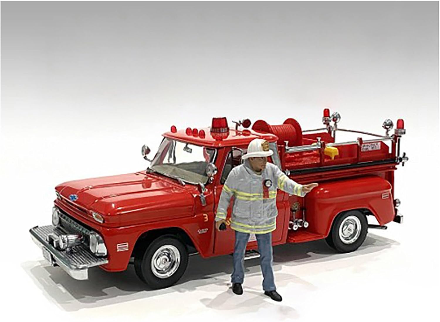 American Diorama Firefighters 6 piece Figure Set (4 Males 1 Dog 1 Accessory) for 1/18 Scale Models