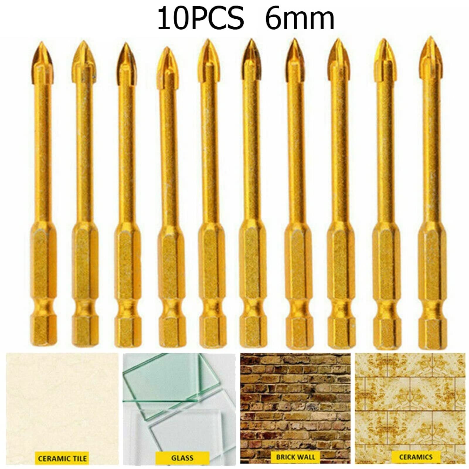 10 Pz 6mm Titanio Piastrelle Di Ceramica Marmo Di Vetro Punte Da Trapano Testa Di Lancia Hex Shank Trapani Vetro Ceramica Legno Metallo Plastica Piastrelle