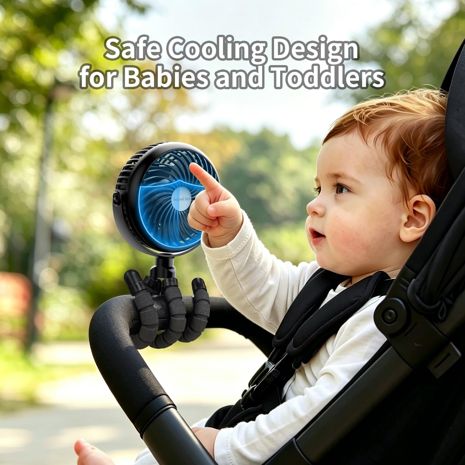 Socool - Ventilador portátil de coche de 5000 mAh, funciona con pilas, 3 velocidades, ventilador de clip para asiento de coche para bebés y niños, mini ventilador de cochecito, rotación de 360° para