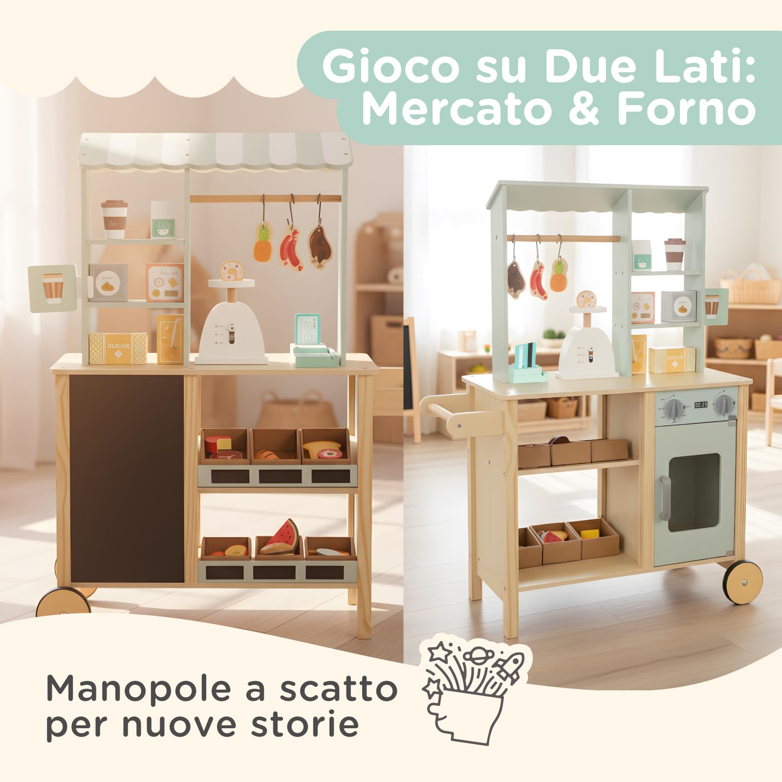 Nene Toys Negozio in Legno per Bambini – Bancarella/Stand Mercato Tutto-in-Uno con Registratore di Cassa, Bilancia, Lavagna, Asta Appendino – Lato Cucina con Forno – Giocattolo Educativo 3–7 Anni