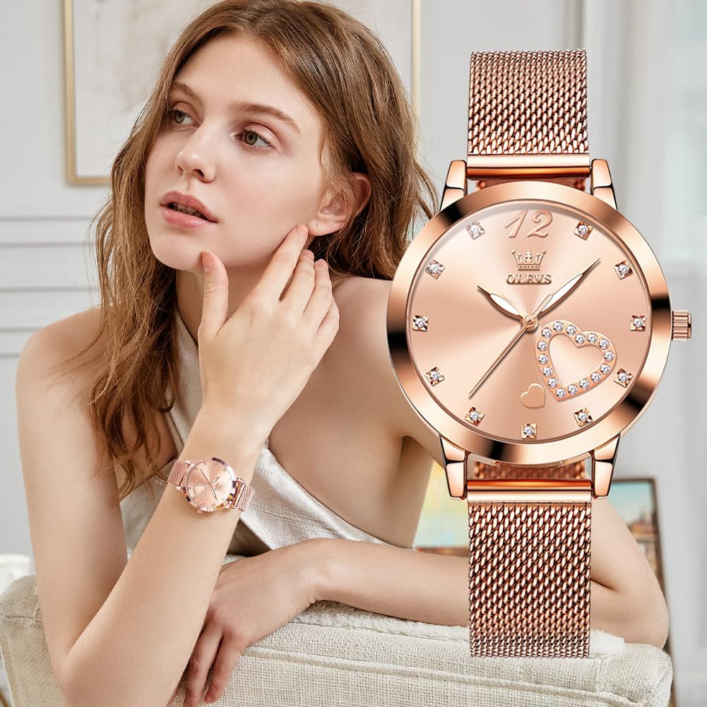 OLEVS Women's Rose Gold Watches Heart Diamond Japanese Quartz Movement Ladies Wristwatch Big Face Waterproof Mesh Belt Watch and Bracelet Set - Image 3