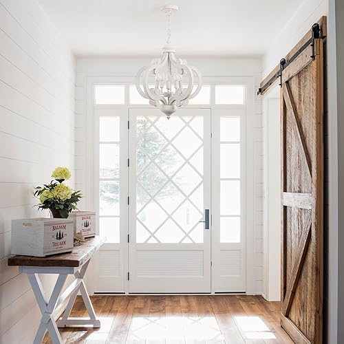 Miniatura 2 de Lámpara de araña blanca antigua de madera, rústica de 5 luces, lámpara de casa de campo industrial francés, lámpara colgante para comedor, cocina,