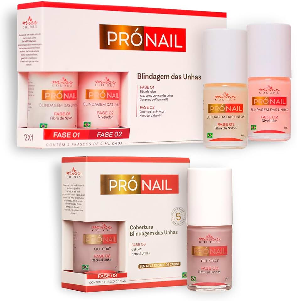 Kit Blindagem de Unhas Pró Nail Miss Colors – Fase 1 e Fase 2 + Fase 3 Gel Coat Nude | Fortalecedor com Fibras de Nylon com Pró-Vitamina B5 e Nivelador | Acabamento Natural e Duradouro – 3 Frascos de 9ml