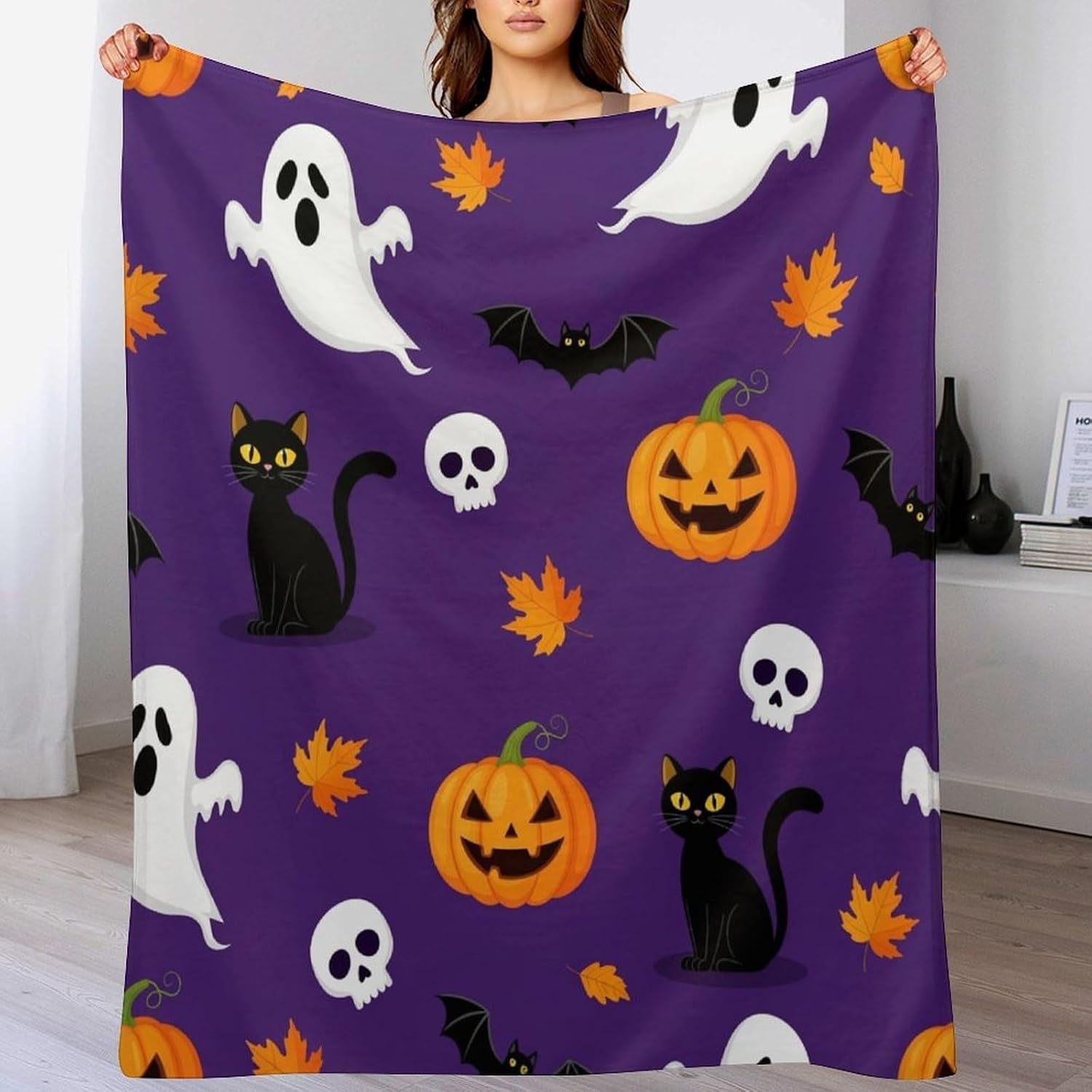 Throw Blanket Halloween Ghosts Cat Blankets Soft Warm Cozy Flannel Blankets for Couch Sofa Bed Livingroom Travel Home Decor 50"x60"
