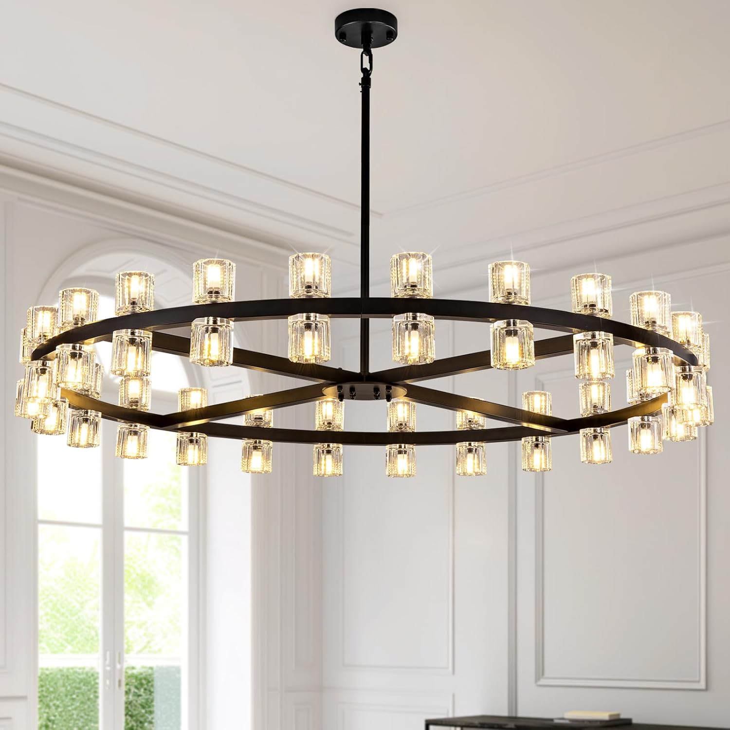48'' Modern Large Chandelier, 48-Light Elegant Crystal Chandeliers for Dining Room, Black Farmhouse Round Wagon Wheel Pendant Lighting Fixture with Glass Shade for Living Room High Ceilings Entryway