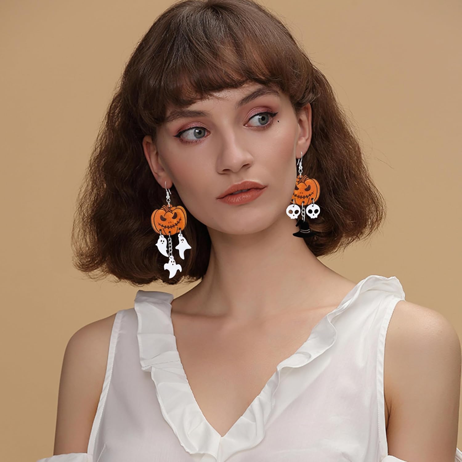 Handmade Wooden Asymmetry Pumpkin Ghost Dangle Drop Earrings Unique Skull Witch Hat Hook Earrings For Women - Image 4