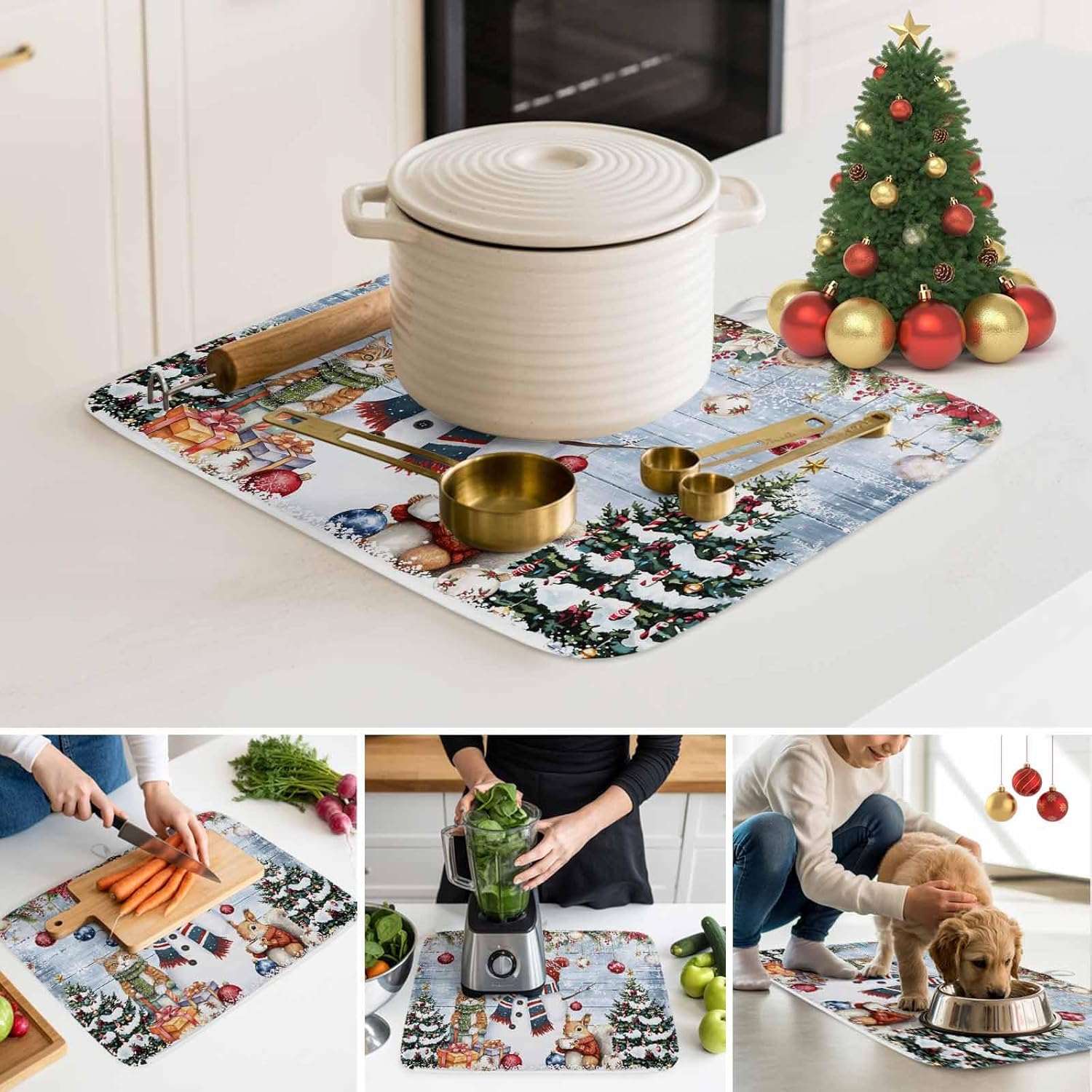 Snowman Christmas Ornament Poinsettia Dish Drying Mats for Kitchen Counter,Absorbent Microfiber Dish Drainer Rack Mat Cat Squirrel Snow Tree Drying Pad for Sinks,Utensils,Countertops,18x24in