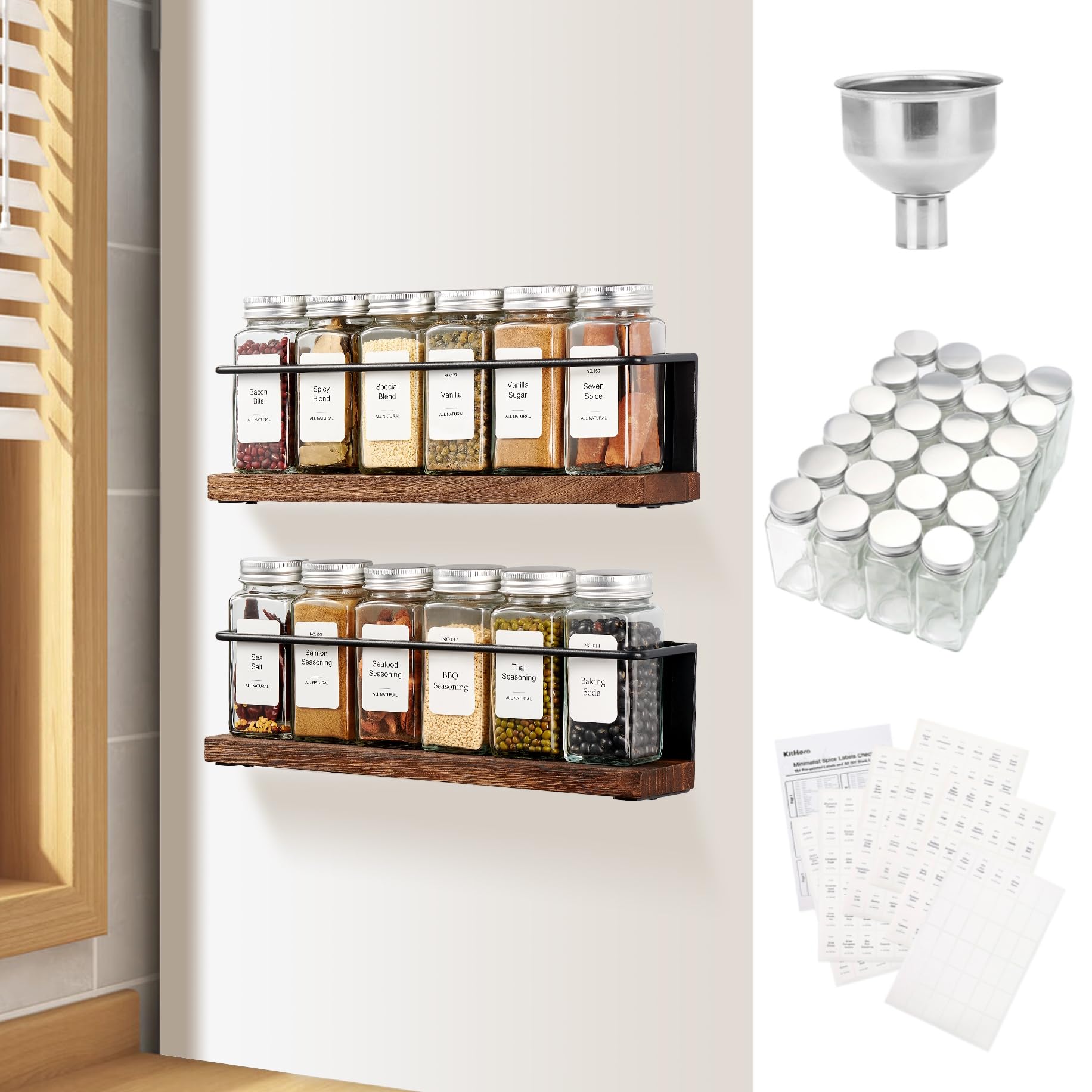 KitHero Magnetic Spice Rack Organizer with 12 Jars, 216 Labels, 1 Steel Funne...