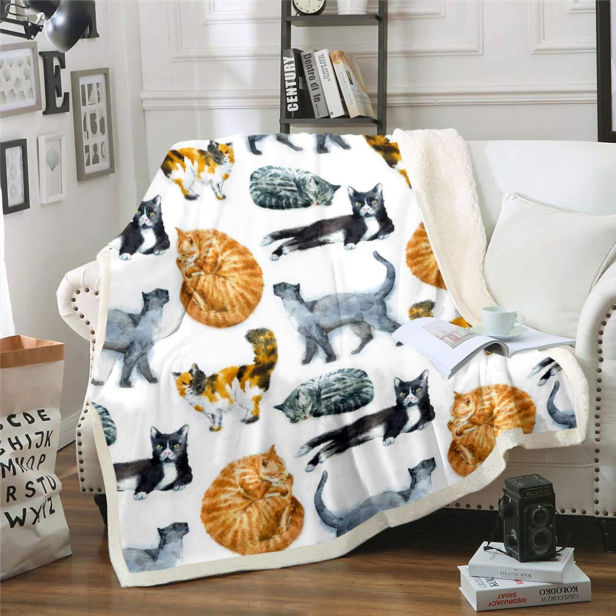 Loussiesd Cat Sherpa Blanket Cute Kitten Print Fleece Blanket Pet Cats Pattern Throw Blanket for Couch Chair Sofa Lovely Animal Theme Warm Plush Blanket Ultra Soft Room Decor Double 60"x79"