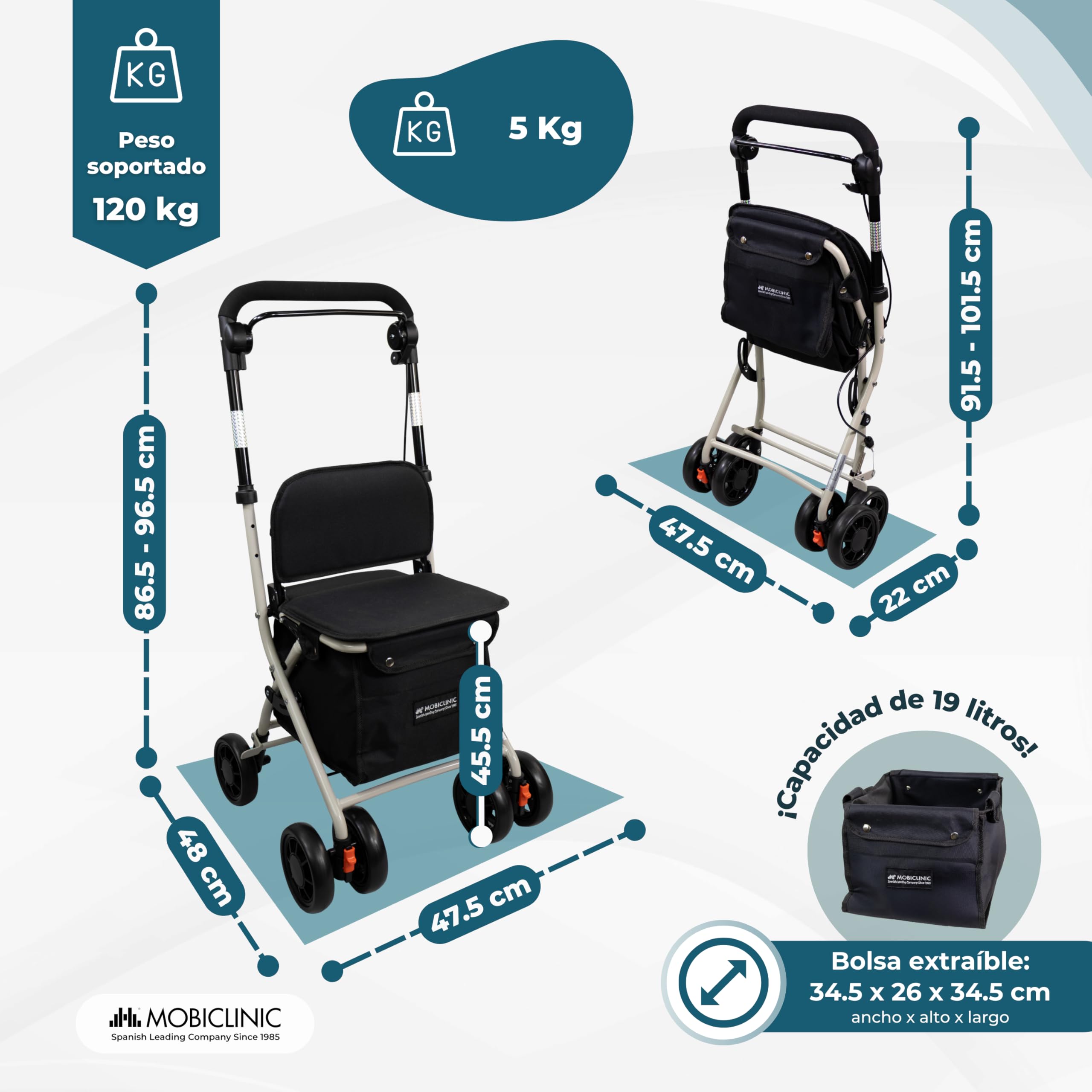 Mobiclinic® Andador Plegable Carro de la Compra con Asiento Coliseo Acero Ruedas 360º Negro