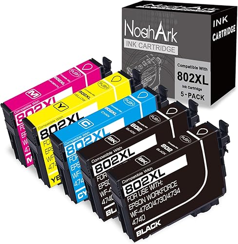 NoahArk Paquete de 5 cartuchos de tinta remanufacturados 802XL de repuesto para Epson 802 802XL T802 T802XL Workforce Pro WF-4720 WF-4730 WF-4740