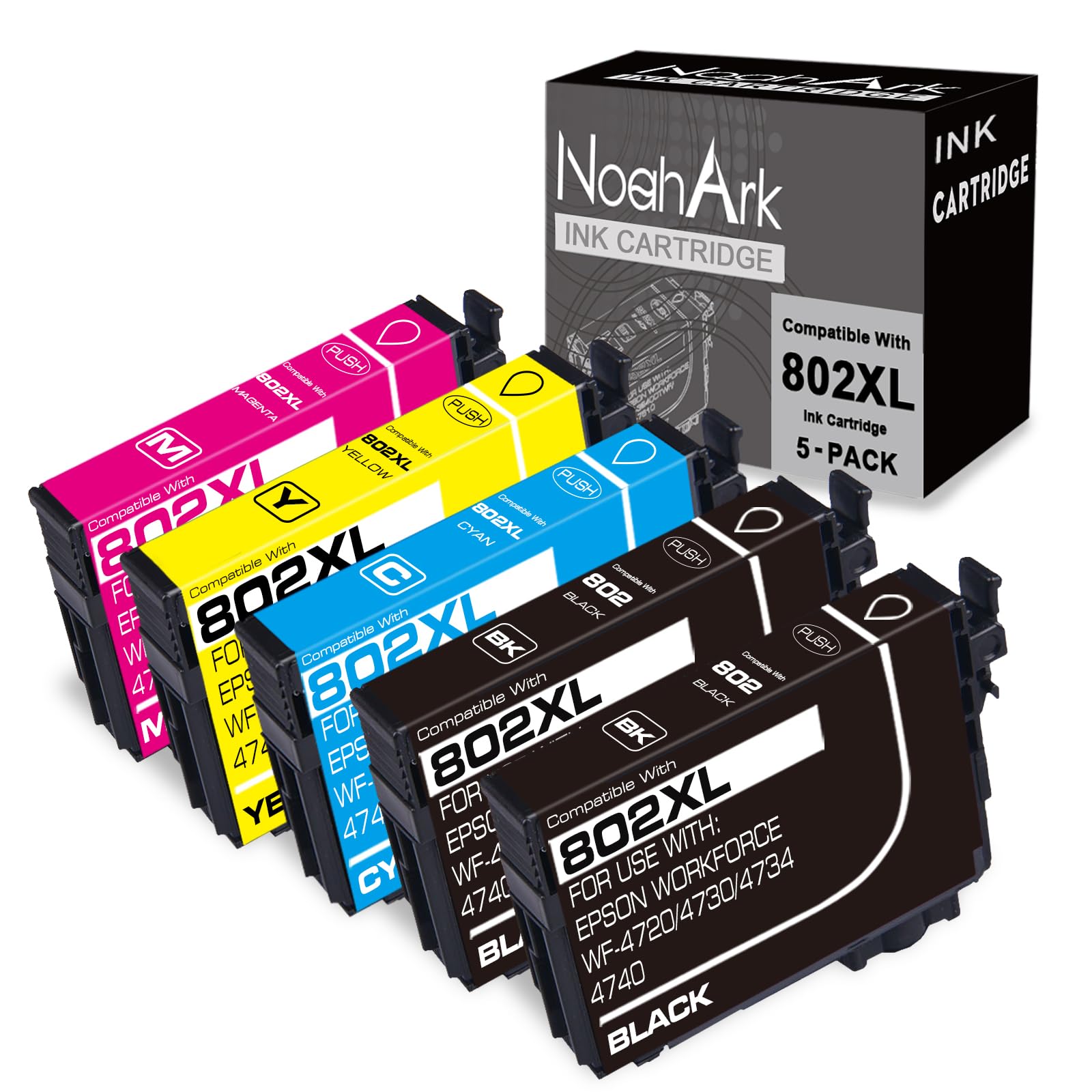 5 Packs 802XL Remanufactured Ink Cartridge Replacement for Epson 802 802XL T802 T802XL Workforce Pro WF-4720 WF-4730 WF-4740 WF-4734 EC-4020 EC-4030 EC-4040 (Black Cyan Magenta Yellow, 5-Pack)