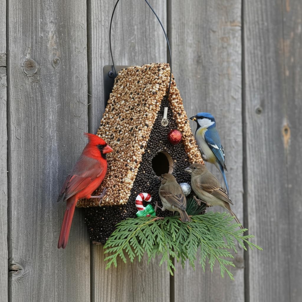 Seeded Birdhouse, Birdseeded Bird House, Wood Wren Bird Houses Covered with Wild Birdfood,Bird Feeders for Outside Hanging, A Frame Birdhouses
