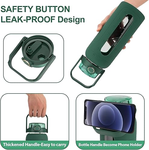 Miniatura 3 de Tronco Botellas de agua de vidrio de 64 onzas con tapa de popote y marcador de tiempo, botella de agua motivacional grande de medio galón con funda