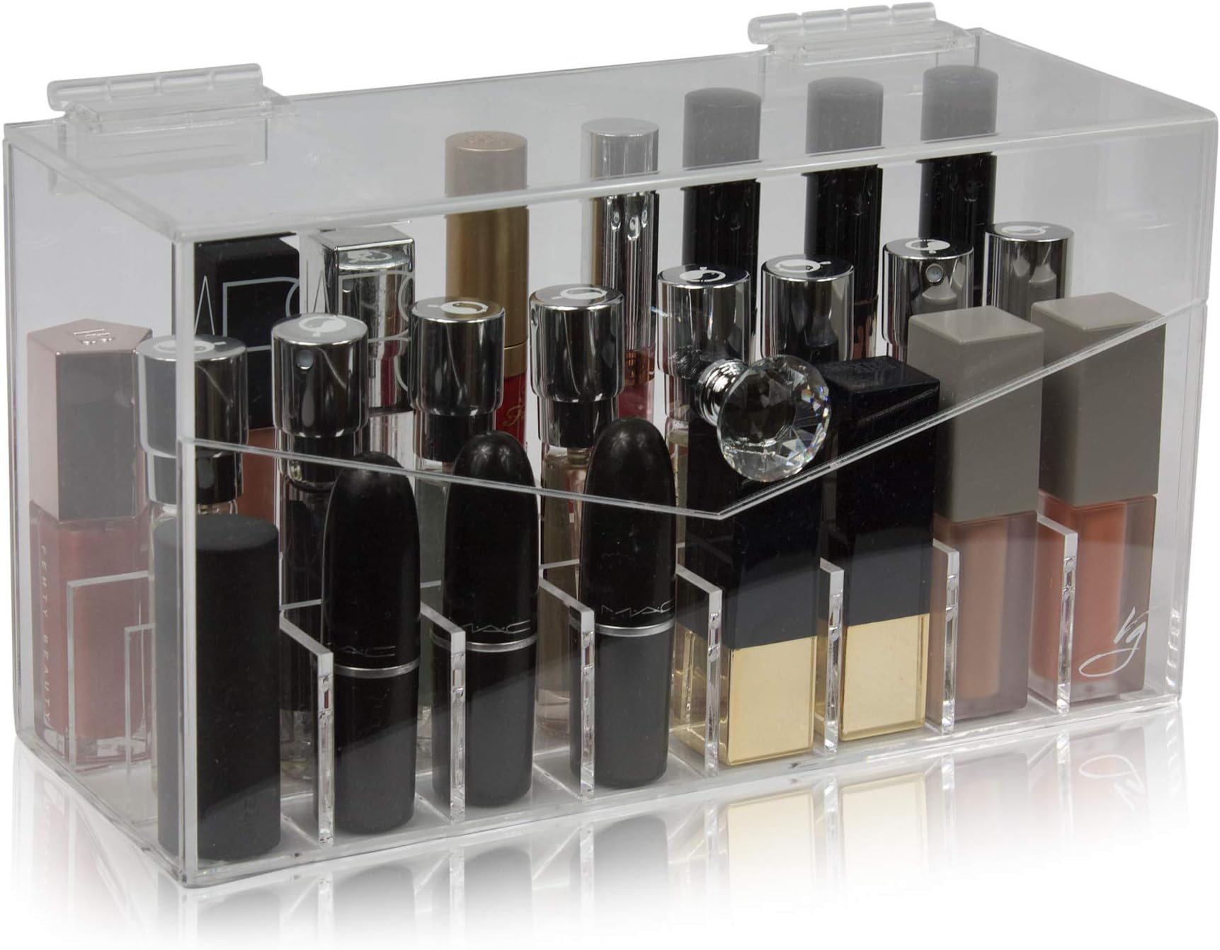 Extra Tall Acrylic Organizer Holder 24 Slots with Lid for Liquid Lipsticks, Rollerball Perfumes and Essential Oils by Vanity Gems