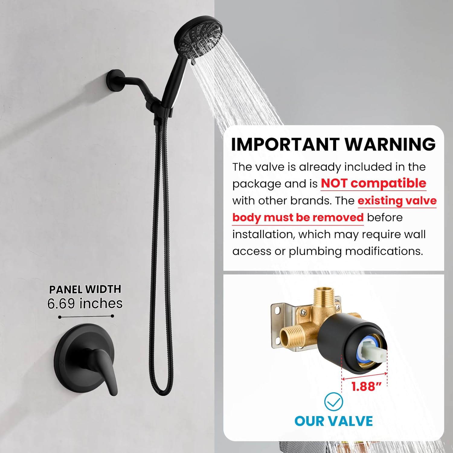 gotonovo Single-Handle Shower Faucet Set Shower Kit with Valve Shower Head and Handle Set Shower Trim Kit with 6 Modes ABS Handheld Shower Fixtures Shower Valve and Trim Kit Matte Black - Image 2