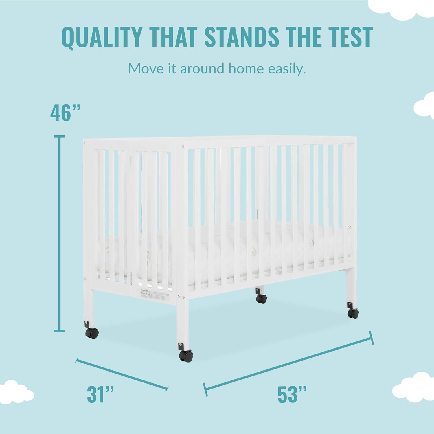 Dream On Me Quinn Full-Size Folding Crib in White, Removeable Wheels & Foam 2-in-1 Breathable Twilight 5" Spring Coil Crib and Toddler Bed Mattress Firm