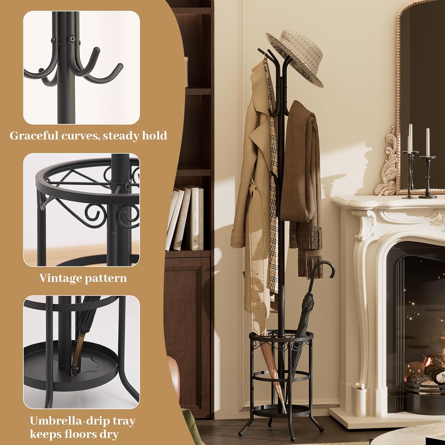 Coat Rack Freestanding with Umbrella Holder – Metal Hanger Stand, Hall Tree with 12 Hooks, Entryway Organizer for Hats, Bags, and Clothes (Black)