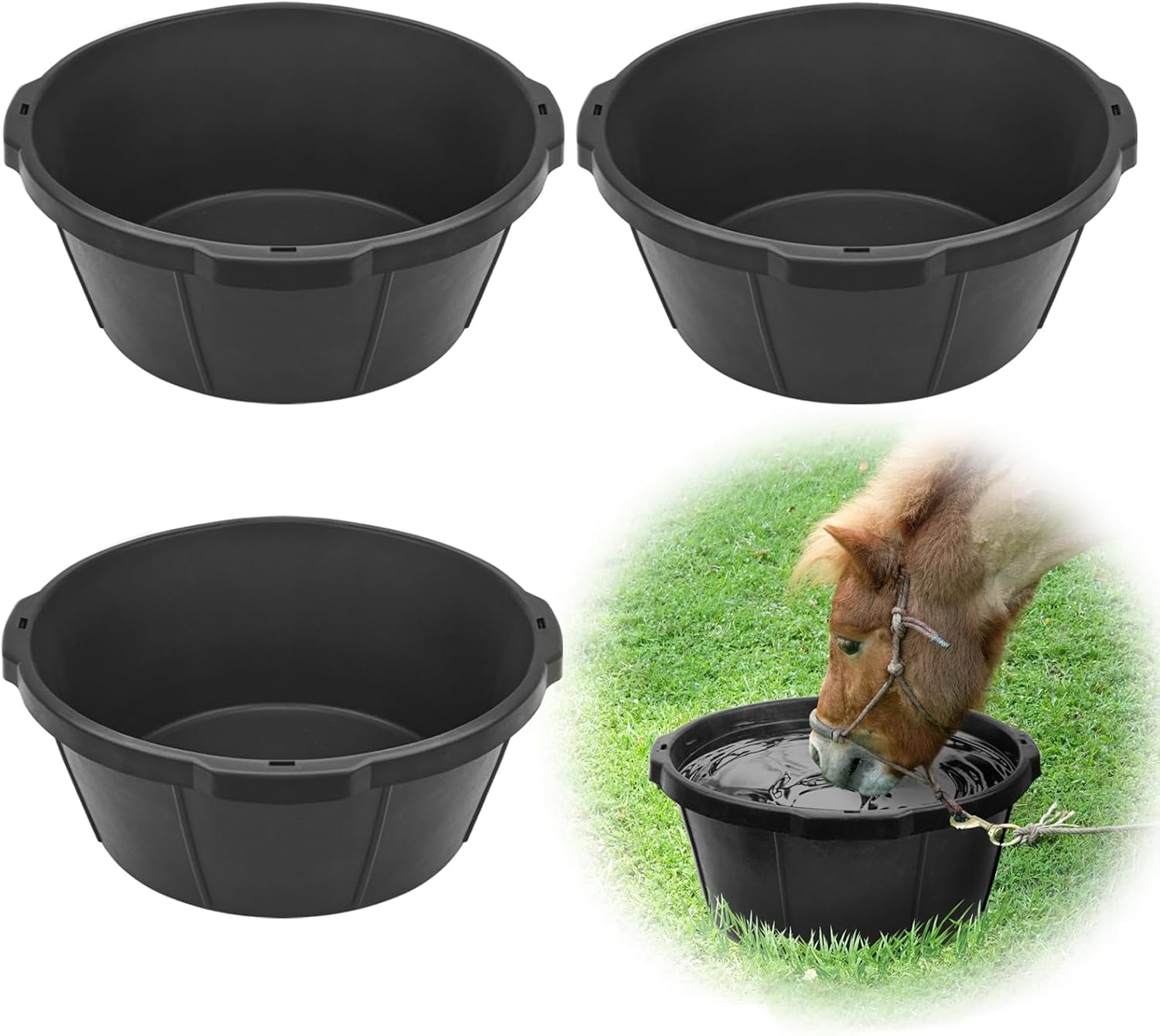 3Pcs Heavy Duty Rubber Feed Pan, 26 Quart/ 6.5 Gallon Rubber Tub Horse Feed Bucket, Durable Livestock Feeder Pan Dog Bowl Chicken Dust Bath Tub for Dogs Pig Goat Chicken Duck Farm Animal Feeding