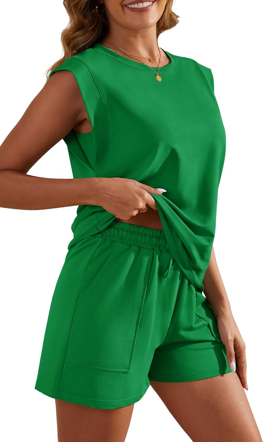 RUBZOOF Two Piece Sets for Women Summer Cap Sleeve Lounge Short Sets Crewneck Outfits with Pocket - Image 2