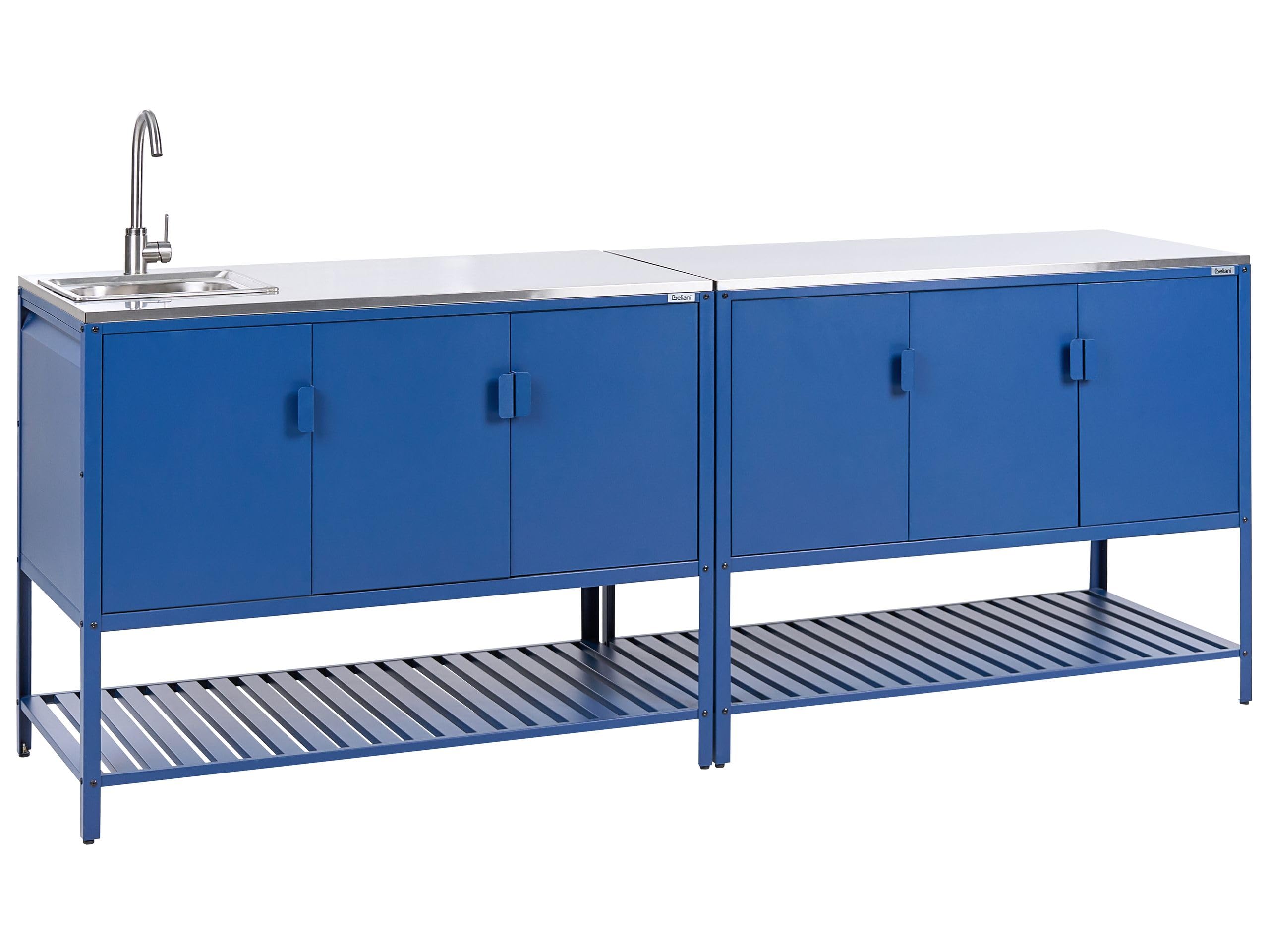 Beliani Conjunto de 2 armarios de Cocina Exterior de Acero 3 Puertas encimera de Acero Inoxidable jardín Azul con Fregadero Maenza