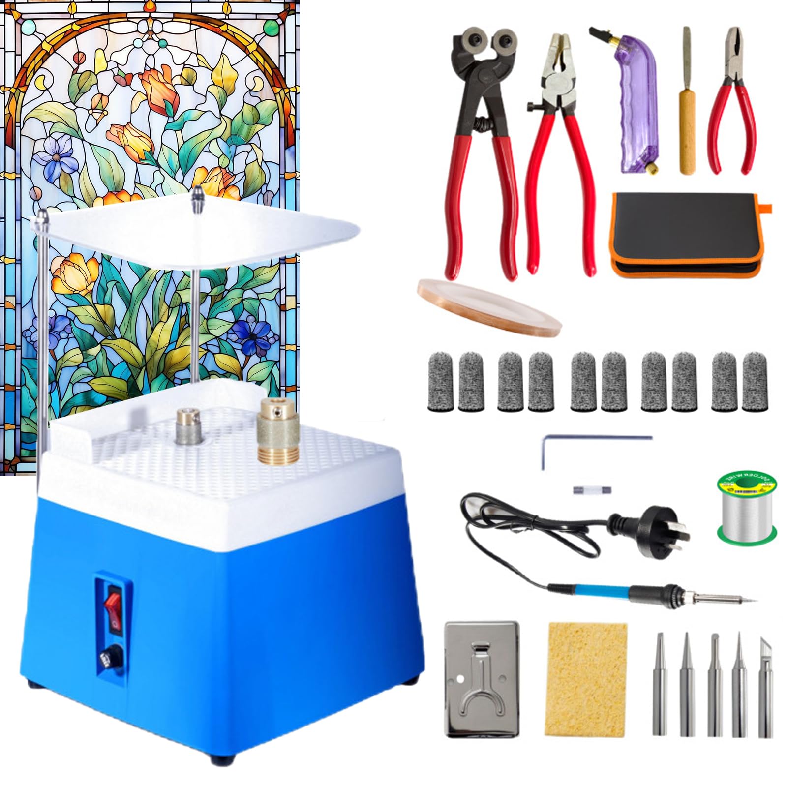 Kit de iniciación para vitrales: Amoladora eléctrica Profesional, Soldador y Herramientas de Corte.
