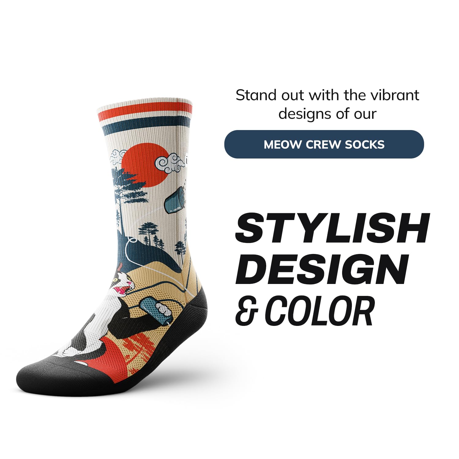 Outway Novelty Crew Socks for Men & Women, Breathable, Moisture-Wicking Athletic Calf Sock with Arch Support, Polyester & Spandex Blend, Colorful, Wild Life, Meow, M-L